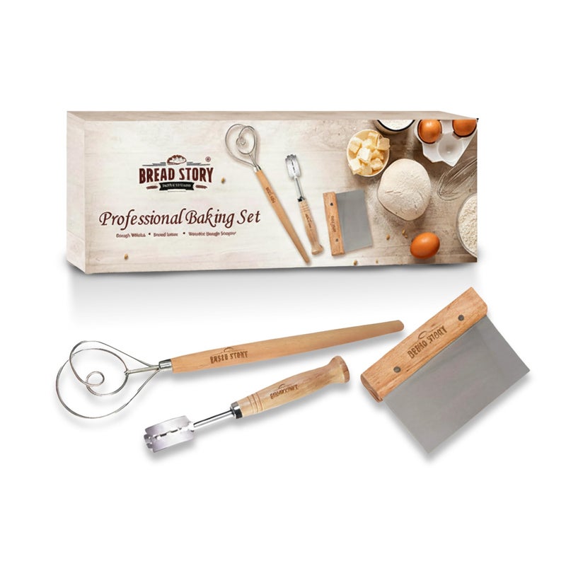 Bread Story Danish Dough Whisk Set â€“ Wooden Scraper & Lame Scoring Tool | Sourdough Whisk & Mixing Tool Kit | Bread Utensils for Homemade Bread, Pizza, Pastry | Stainless Steel & Wood - Image 1